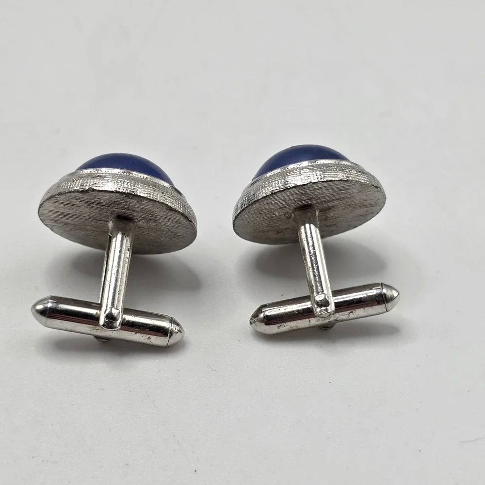 Vintage‎ Silver Tone Blue Cabochon Glass Cufflinks Textured Round Mid Century